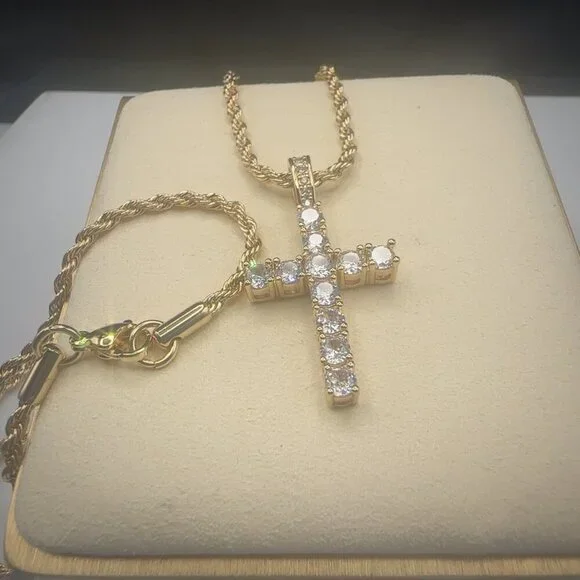 Cubic Zirconia Cross Pendant Necklace Gold Plate Stainless Steel - Picture 4 of 9